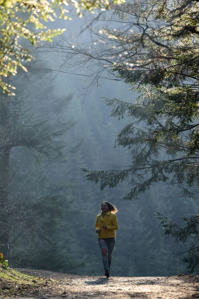 Könnyű Kocogást Végez Ködös Erdőben Reggel Hajnalban Ködös Reggelen Erdőben — Stock Fotó