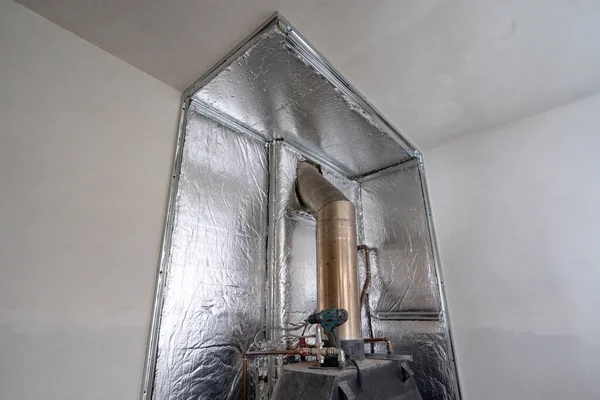 thermal protection with mineral wool with foil, chimney from the fireplace, installation and repair work, wooden walls and mineral wool for insulation.