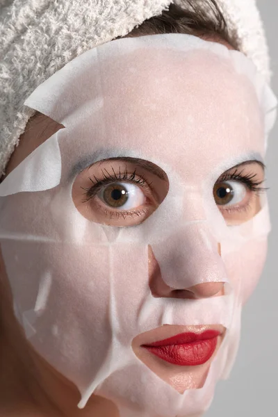 Facial Skin Care Portrait Young Woman Mask Her Face Fabric — Photo