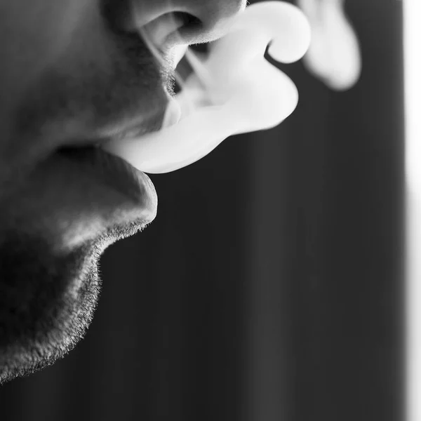 Seductive Male Lips Blowing Cigarette Smoke Light Stubble Beard Portrait — Stock Fotó