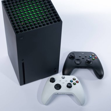 Ivano-Frankivsk, Ukraine August 14, 2022: Gamepad Microsoft Xbox Wireless Controller, gamepad and console on a white background, black and white gamepads.