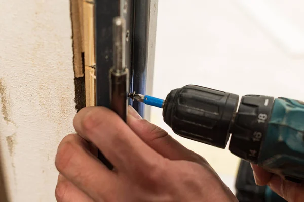 Drilling Installation Interior Doors Craftsman Makes Hole Door Frame Hand — 图库照片