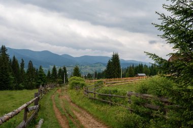 Picturesque summer Carpathian view of countryside, wooden fences near glades, Ukraine.
