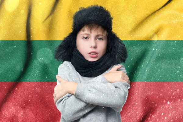 Lithuania Suffers Consequences Cold Unheated Winter European Schoolboy Boy Freezing — Stock fotografie