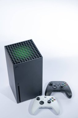 Ivano-Frankivsk, Ukraine August 14, 2022: Gamepad Microsoft Xbox Wireless Controller, gamepad and console on a white background, black and white gamepads.