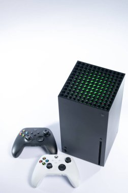 Ivano-Frankivsk, Ukraine August 14, 2022: Gamepad Microsoft Xbox Wireless Controller, gamepad and console on a white background, black and white gamepads.