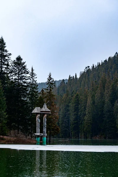 Lago Alpino Synevyr Statue Legno Vicino Lago Luogo Turistico Ucraina — Foto Stock