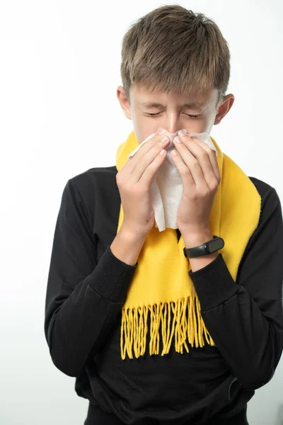 Boy Wrapped Scarf Has Runny Nose Blows His Nose Napkin — Stok fotoğraf