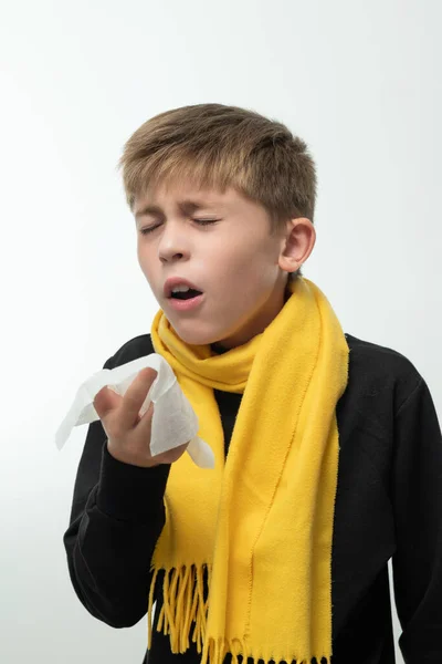 Child Sneezes Handkerchief Symptoms Colds Boy Wrapped Yellow Scarf — Stockfoto