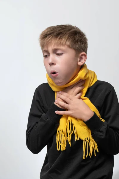 Child Has Sore Throat Child Holding His Throat His Hands — ストック写真