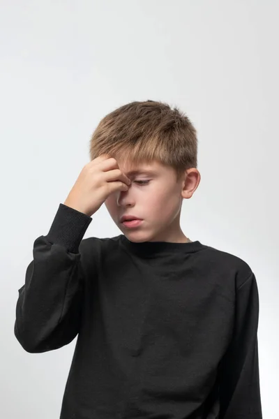 Child Has Headache Boy Holds His Hand His Forehead Headache — Stok fotoğraf
