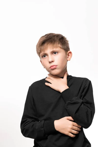 Child Has Sore Throat Child Holding His Throat His Hands — Stok fotoğraf