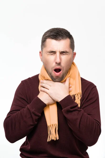 Man Suffers Sore Throat Man Wrapped His Throat Scarf Portrait — Stockfoto