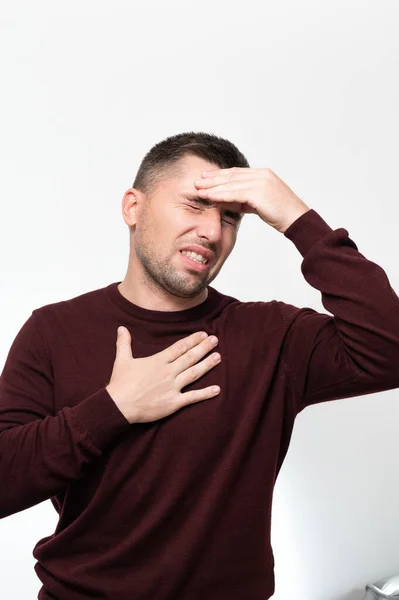 Emotions Man Headache Man Suffers Severe Migraine Portrait White Background — Stok fotoğraf