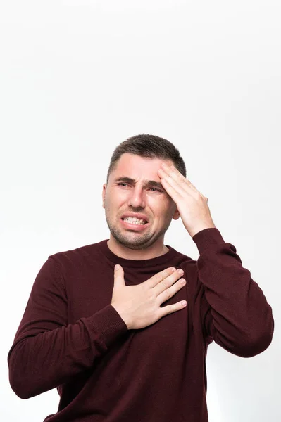 Emotions Man Headache Man Suffers Severe Migraine Portrait White Background — Fotografia de Stock