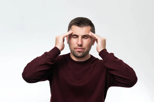 Handsome Man Wearing Casual Sweater Feels Tired Has Headache Stress — Stok fotoğraf