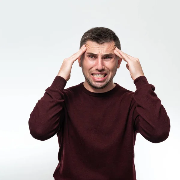 Handsome Man Wearing Casual Sweater Feels Tired Has Headache Stress — Stok fotoğraf