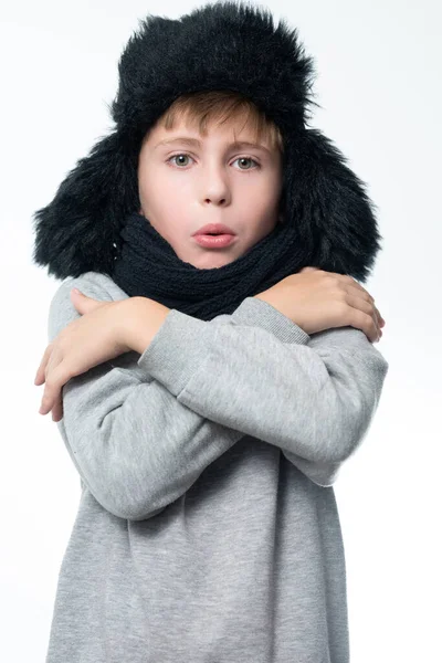 Portrait Boy White Background Hat Earflaps Scarf Boy Warms Himself — Stockfoto