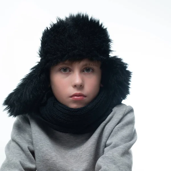 Portrait Child Winter Hat Earflaps Knitted Scarf White Background Black — Stok fotoğraf