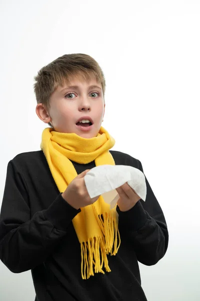 Child Sneezes Handkerchief Symptoms Colds Boy Wrapped Yellow Scarf — Stok fotoğraf