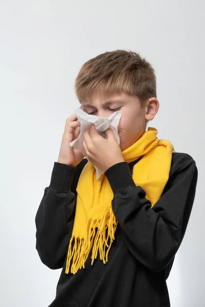 Child Blows His Nose Napkin Children Seasonal Diseases Boy Wrapped — Stok fotoğraf