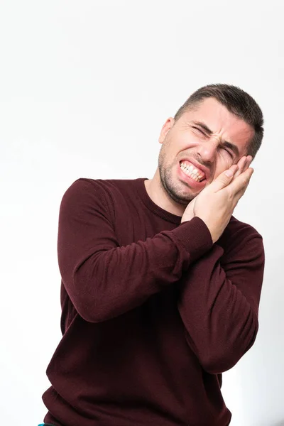Man Suffers Toothache Portrait White Background Painful Facial Expression Due — Stok fotoğraf