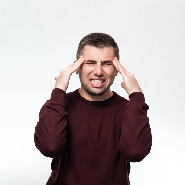 Handsome Man Wearing Casual Sweater Feels Tired Has Headache Stress — Stok fotoğraf