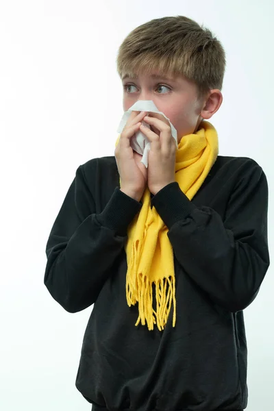 Boy Wrapped Scarf Has Runny Nose Blows His Nose Napkin — Fotografia de Stock