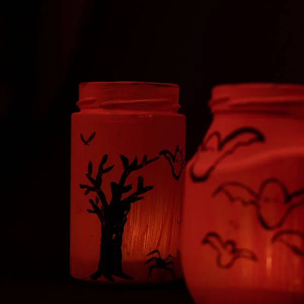Hand Painted Halloween Jar Orange Jar Black Background Handmade Halloween — Foto de Stock
