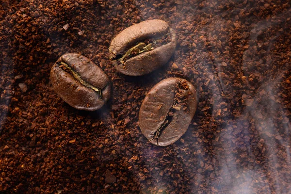 Ground Coffee Three Beans Light Smoke Place Writing Copy Space — Stock Photo, Image