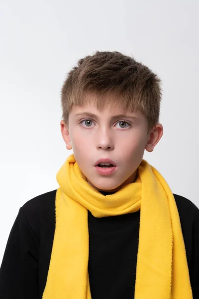 Portrait Child Winter Hat Earflaps Knitted Scarf White Background Black — Stok fotoğraf