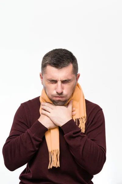 Man Suffers Sore Throat Man Wrapped His Throat Scarf Portrait — Stok fotoğraf