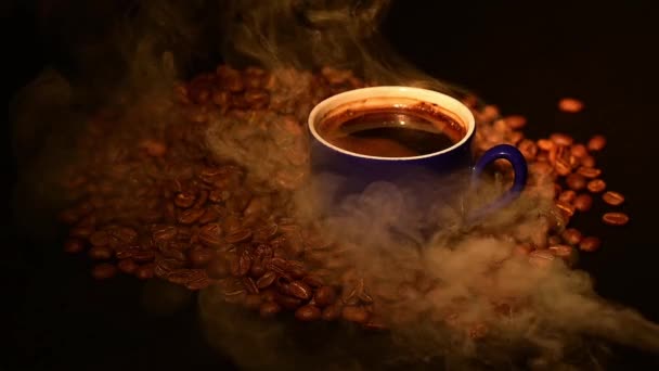 Eine Tasse Kaffee Zwischen Gerösteten Kaffeebohnen Leichtem Rauch Video Und — Stockvideo