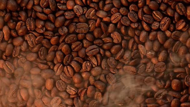 烤咖啡豆的质感被一道温暖的黄光照亮了 轻烟弥漫在咖啡上 — 图库视频影像