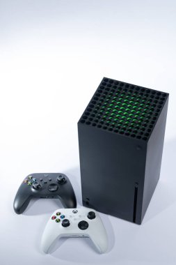 Ivano-Frankivsk, Ukraine August 14, 2022: Gamepad Microsoft Xbox Wireless Controller, gamepad and console on a white background, black and white gamepads.