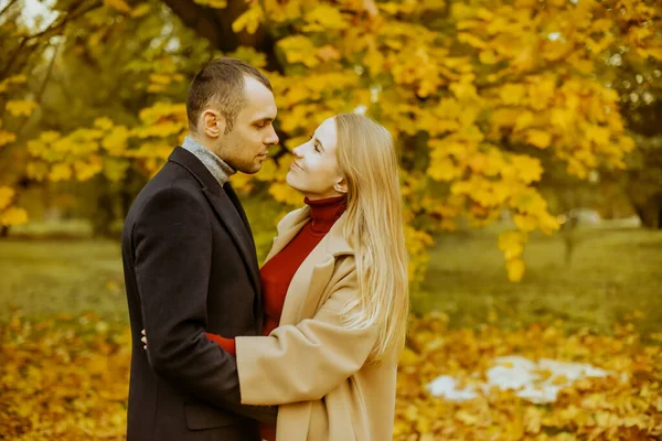 Kız ve erkek ya da sevgili kucaklaşması. Parkta aşık bir çift. Sonbahar. Erkek ve kadın, sonbaharda düşen yapraklarla gülerek güzel bir sonbahar gününün tadını çıkarırlar. Sonbaharda genç bir çift. Öptüm.