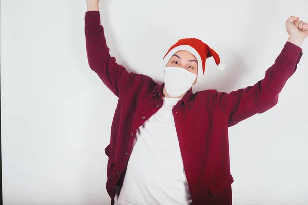 Neujahr Weihnachten Covid Maske Und Feier Der Kerl Jubelt Bei — Stockfoto