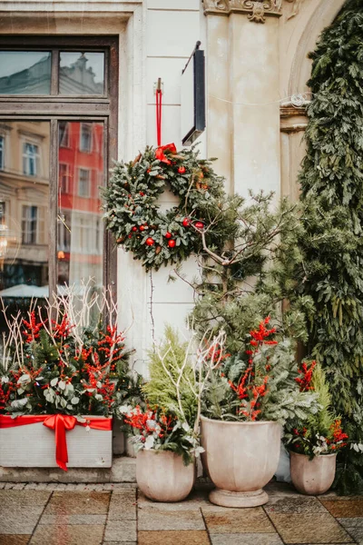 Kış süslemeleri, köknar ağacı, koniler ve rowan. Yeni yıl için şehirdeki evleri dekore ediyor.