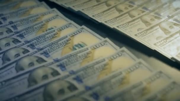 Lot Money Dollars Denominations 100 Banknotes Millions Lie Table Rich — Αρχείο Βίντεο