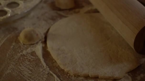 Making Homemade Dumpling Dough Rolling Pin Rolls Out Dough Flour — Videoclip de stoc