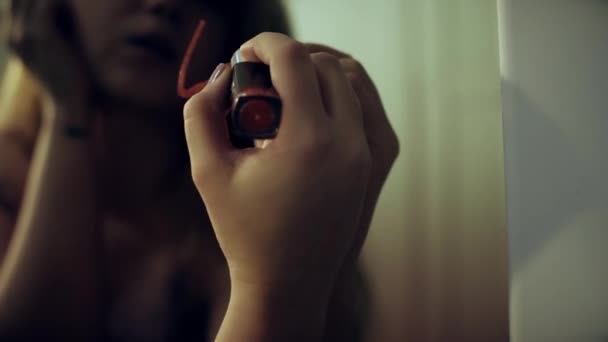 Girl Writes Note Mirror Red Lipstick Love You — Vídeos de Stock