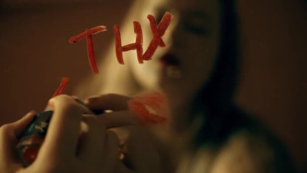 Girl Writes Note Mirror Red Lipstick Thx Love You — Vídeos de Stock