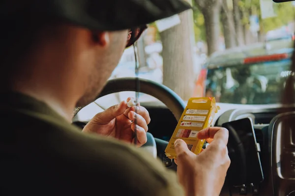 Man Driving Car Blows Disposable Breathalyzer Drunk Man Driving Guy — Stock Photo, Image