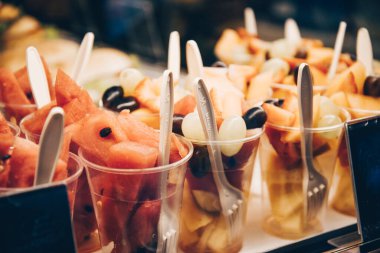 Glass with fruits, healthy eating, diet street food