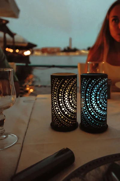 Candles Table Blue Yellow Rest Sea — стоковое фото