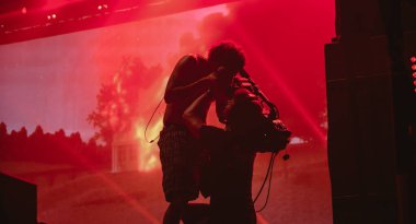 Hungary, Budapest, 12.08.2022 sziget festival Slowthai the singer performs on stage. Goes to kiss the camera and the viewer