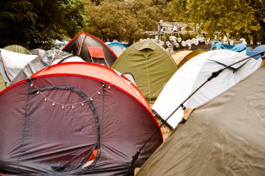 Tent camp in the forest, a lot of tents. Rest in the forest at the festival.