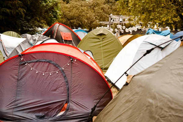 Tent camp in the forest, a lot of tents. Rest in the forest at the festival.
