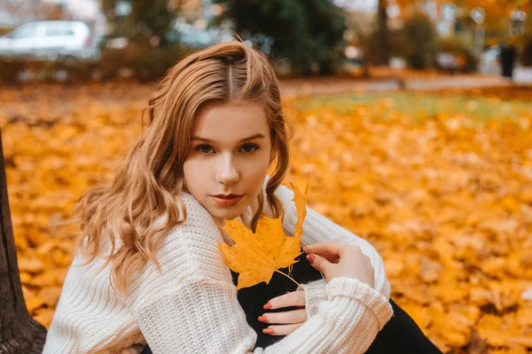 Een Meisje Een Witte Trui Zit Herfstbladeren Een Mooie Blonde — Stockfoto