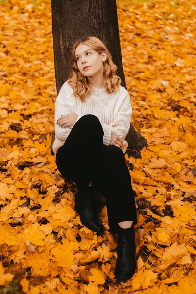 Een Meisje Een Witte Trui Zit Herfstbladeren Een Mooie Blonde — Stockfoto